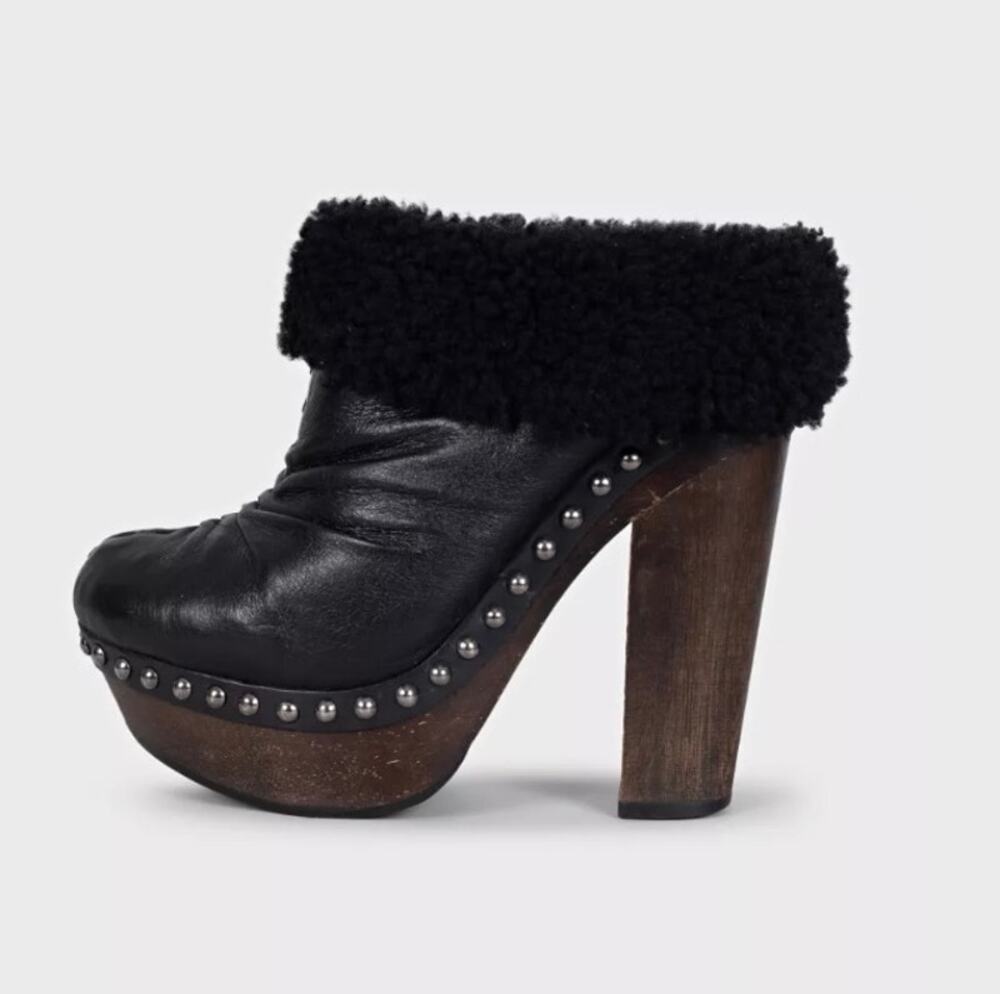 Miu Miu Black Leather Ankle Boots with Wooden Block Heel Size 36